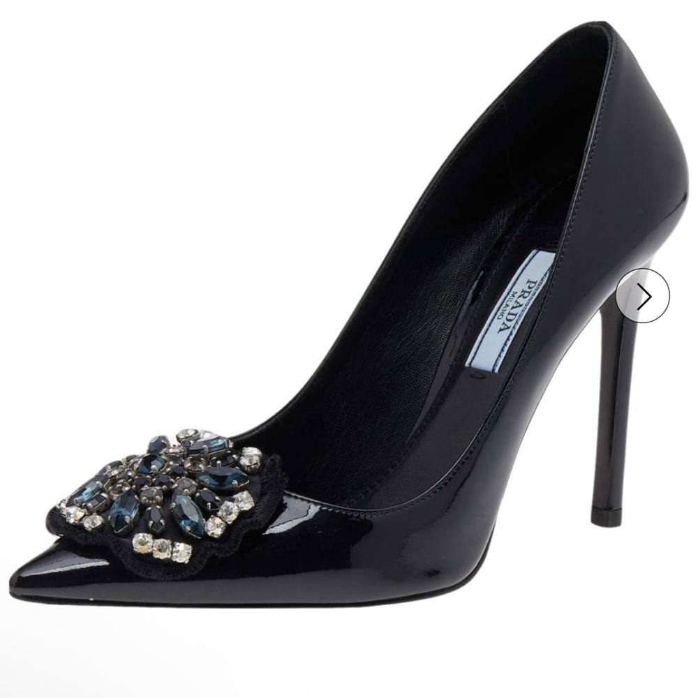 NWOT Prada Black Patent Leather Embellished Pointed Toe Pumps Size 40.5